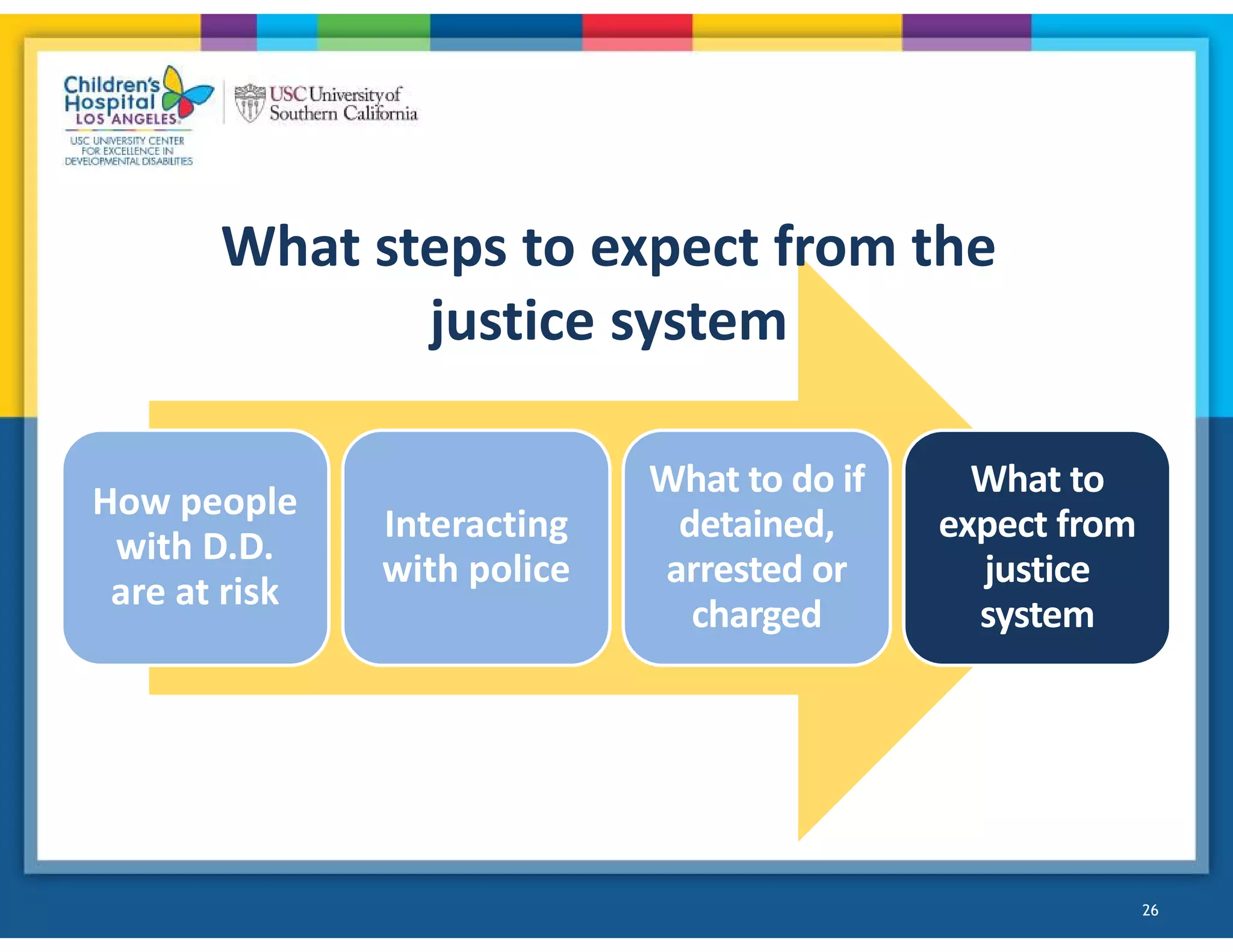 26
How people
with D.D.
are at risk
Interacting
with police
What to do if
detained,
arrested or
charged
What to
expect from
justice
system
What steps to expect from the
justice system
 
