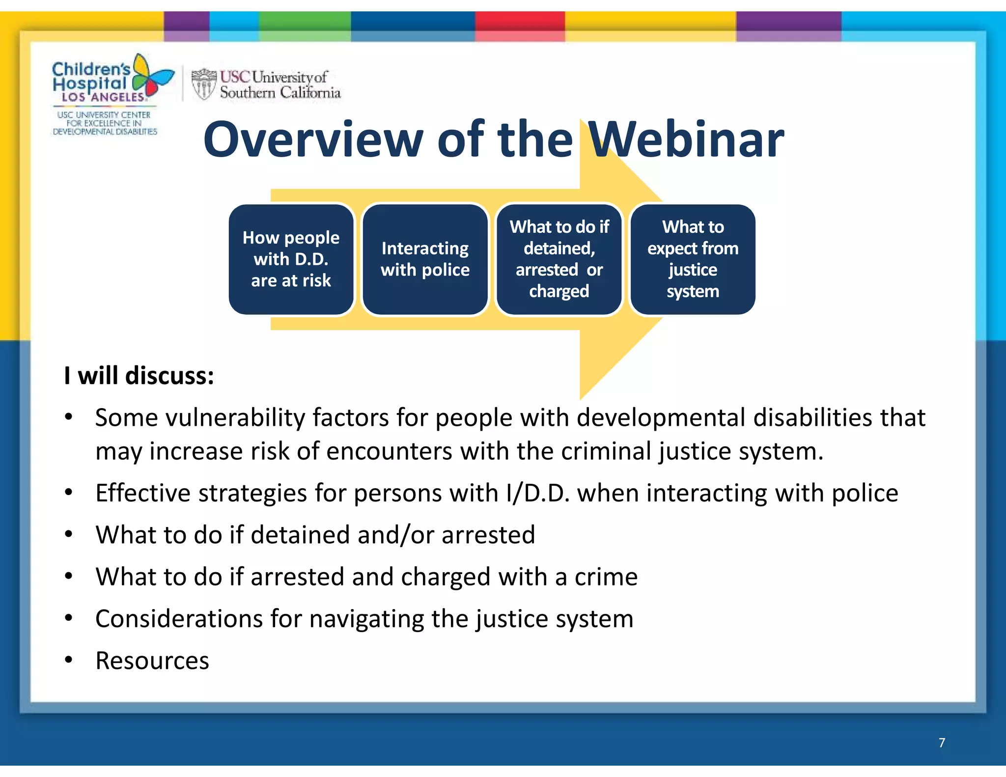 How people
with D.D.
are at risk
Interacting
with police
What to do if
detained,
arrested or
charged
What to
expect from
justice
system
Overview of the Webinar
7
I will discuss:
• Some vulnerability factors for people with developmental disabilities that
may increase risk of encounters with the criminal justice system.
• Effective strategies for persons with I/D.D. when interacting with police
• What to do if detained and/or arrested
• What to do if arrested and charged with a crime
• Considerations for navigating the justice system
• Resources
 