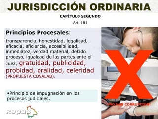 JURISDICCIÓN ORDINARIA CAPÍTULO SEGUNDO Art. 181 Principios Procesales : transparencia, honestidad, legalidad, eficacia, eficiencia, accesibilidad, inmediatez, verdad material, debido proceso, igualdad de las partes ante el Juez,   gratuidad, publicidad, probidad, oralidad, celeridad   (PROPUESTA CONALAB). Principio de impugnación en los procesos judiciales. X 