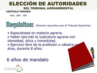 CAPÍTULO TERCERO Arts. 188 - 189 Especialidad en materia agraria. Haber ejercido la Judicatura agraria con idoneidad, ética y honestidad. Ejercicio libre de la profesión o cátedra en el área, durante 8 años. ELECCIÓN DE AUTORIDADES   DEL TRIBUNAL AGROAMBIENTAL (Mismos requisitos que el Tribunal Supremo) Requisitos: 6 años de mandato 
