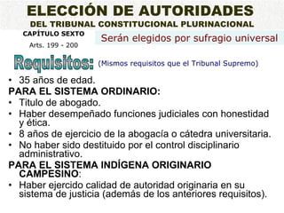 35 años de edad. PARA EL SISTEMA ORDINARIO:   Titulo de abogado. Haber desempeñado funciones judiciales con honestidad y ética. 8 años de ejercicio de la abogacía o cátedra universitaria. No haber sido destituido por el control disciplinario administrativo. PARA EL SISTEMA INDÍGENA ORIGINARIO CAMPESINO :  Haber ejercido calidad de autoridad originaria en su sistema de justicia (además de los anteriores requisitos). CAPÍTULO SEXTO Arts. 199 - 200 ELECCIÓN DE AUTORIDADES   DEL TRIBUNAL CONSTITUCIONAL PLURINACIONAL (Mismos requisitos que el Tribunal Supremo) Serán elegidos por sufragio universal Requisitos: 