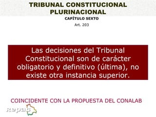 TRIBUNAL CONSTITUCIONAL PLURINACIONAL Las decisiones del Tribunal Constitucional son de carácter obligatorio y definitivo (última), no existe otra instancia superior. CAPÍTULO SEXTO Art. 203 COINCIDENTE CON LA PROPUESTA DEL CONALAB 