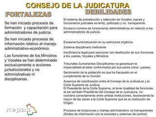 CONSEJO DE LA JUDICATURA DEBILIDADES FORTALEZAS Las funciones de los Ministros y Vocales se han determinado exclusivamente a acciones jurisdiccionales y no administrativas ni disciplinarias. Se han iniciado procesos de información relativo al manejo administrativo-económico. Se han iniciado procesos de formación  y capacitación para administradores de justicia. Procesos de licitaciones y manejo administrativo no transparentes (fluidez de información con la sociedad y sistemas de control). El Presidente de la Corte Suprema, al tener dualidad de funciones, al ser también Presidente del Consejo de la Judicatura, no coordina correctamente entre ambas Instituciones, favoreciendo la mayor de las veces a la Corte Suprema que es su Institución de Origen. Ausencia de coordinación entre el Consejo de la Judicatura y la Corte Suprema de Justicia Sentimiento de la población es que ha fracasado en el cumplimiento de su función. Tribunales Sumariantes Disciplinarios no garantizan la imparcialidad al estar conformados por sus pares (otros  jueces). Insuficiencia legal para sancionar con destitución de sus funciones a los Jueces, Vocales y Ministros Sistema disciplinario Ineficiente  Excesiva burocratización en su estructura orgánica. Excesivo número de funcionarios administrativos en relación a los administradores de justicia. El sistema de preselección y selección de Vocales Jueces y funcionarios judiciales es lento, politizado y no  transparente. 