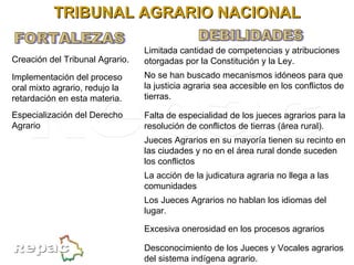 TRIBUNAL AGRARIO NACIONAL DEBILIDADES FORTALEZAS Especialización del Derecho Agrario Implementación del proceso oral mixto agrario, redujo la retardación en esta materia. Creación del Tribunal Agrario. Desconocimiento de los Jueces y Vocales agrarios del sistema indígena agrario. Excesiva onerosidad en los procesos agrarios Los Jueces Agrarios no hablan los idiomas del lugar. La acción de la judicatura agraria no llega a las comunidades  Jueces Agrarios en su mayoría tienen su recinto en las ciudades y no en el área rural donde suceden los conflictos Falta de especialidad de los jueces agrarios para la resolución de conflictos de tierras (área rural). No se han buscado mecanismos idóneos para que la justicia agraria sea accesible en los conflictos de tierras. Limitada cantidad de competencias y atribuciones otorgadas por la Constitución y la Ley. 