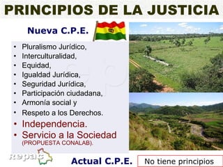 Pluralismo Jurídico, Interculturalidad, Equidad, Igualdad Jurídica, Seguridad Jurídica, Participación ciudadana, Armonía social y  Respeto a los Derechos.   Independencia. Servicio a la Sociedad   (PROPUESTA CONALAB). No tiene principios  Nueva C.P.E. Actual C.P.E. PRINCIPIOS DE LA JUSTICIA 