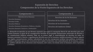 La afirmación de derechos en una fórmula expansiva que supere la concepción liberal de solo derechos para unos
cuantos humanos (a pesar de las consagraciones formales de las grandes declaraciones universales de derechos y
las constituciones políticas estatales) debe ser, en primer lugar, la materialización de derechos de todos los
humanos, presentes y futuros, y seguidamente derechos para los no humanos, también presentes y futuros, aspecto
que implica, necesariamente, cambiar radicalmente no solo las concepciones jurídicas sino políticas, económicas,
sociales y culturales, que no solo reconozcan otros sujetos de derechos, sino materialización de los mismos, a partir
de cambios radicales en las relaciones entre humanos, entre estos y los demás seres no humanos, entre el presente
y el futuro.
 