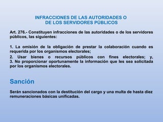 INFRACCIONES DE LAS AUTORIDADES O
DE LOS SERVIDORES PÚBLICOS
Art. 276.- Constituyen infracciones de las autoridades o de los servidores
públicos, las siguientes:
1. La omisión de la obligación de prestar la colaboración cuando es
requerida por los organismos electorales;
2. Usar bienes o recursos públicos con fines electorales; y,
3. No proporcionar oportunamente la información que les sea solicitada
por los organismos electorales.
Sanción
Serán sancionados con la destitución del cargo y una multa de hasta diez
remuneraciones básicas unificadas.
 
