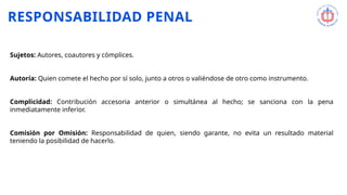 RESPONSABILIDAD PENAL
Sujetos: Autores, coautores y cómplices.
Autoría: Quien comete el hecho por sí solo, junto a otros o valiéndose de otro como instrumento.
Complicidad: Contribución accesoria anterior o simultánea al hecho; se sanciona con la pena
inmediatamente inferior.
Comisión por Omisión: Responsabilidad de quien, siendo garante, no evita un resultado material
teniendo la posibilidad de hacerlo.
 