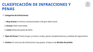 CLASIFICACIÓN DE INFRACCIONES Y
PENAS
 Categorías de Infracciones:
1. Muy Graves: Crímenes constitucionales o de gran daño social.
2. Graves: Daño intermedio.
3. Leves: Reducido grado de daño.
 Tipos de Penas: Prisión (mayor y menor), multas, penas complementarias y medidas de seguimiento.
 Límites: En concurso de infracciones muy graves, el tope es de 60 años de prisión.
 