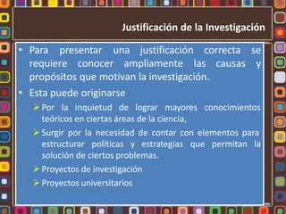 • Para
causas
presentar una justificación correcta se
y
requiere conocer ampliamente las
propósitos que motivan la investigación.
• Esta puede originarse
Por la inquietud de lograr mayores conocimientos
teóricos en ciertas áreas de la ciencia,
Surgir por la necesidad de contar con elementos para
que permitan la
estructurar políticas y estrategias
solución de ciertos problemas.
Proyectos de investigación
Proyectos universitarios
Justificación de la Investigación
 