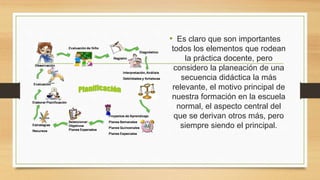 • Es claro que son importantes
todos los elementos que rodean
la práctica docente, pero
considero la planeación de una
secuencia didáctica la más
relevante, el motivo principal de
nuestra formación en la escuela
normal, el aspecto central del
que se derivan otros más, pero
siempre siendo el principal.
 