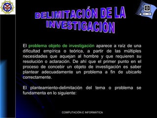 DELIMITACIÓN DE LA INVESTIGACIÓN El  problema objeto de investigación   aparece a raíz de una   dificultad empírica o teórica, a partir de las múltiples necesidades que aquejan al hombre y que requieren su resolución o aclaración. De ahí que el primer punto en el proceso de concebir un objeto de investigación es saber plantear adecuadamente un problema a fin de ubicarlo correctamente.  El planteamiento-delimitación del tema o problema se fundamenta en lo siguiente:  