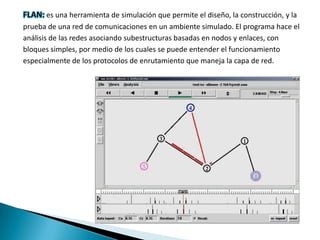 FLAN: es una herramienta de simulación que permite el diseño, la construcción, y la
prueba de una red de comunicaciones en un ambiente simulado. El programa hace el
análisis de las redes asociando subestructuras basadas en nodos y enlaces, con
bloques simples, por medio de los cuales se puede entender el funcionamiento
especialmente de los protocolos de enrutamiento que maneja la capa de red.
 
