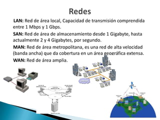 LAN: Red de área local, Capacidad de transmisión comprendida
entre 1 Mbps y 1 Gbps.
SAN: Red de área de almacenamiento desde 1 Gigabyte, hasta
actualmente 2 y 4 Gigabytes, por segundo.
MAN: Red de área metropolitana, es una red de alta velocidad
(banda ancha) que da cobertura en un área geográfica extensa.
WAN: Red de área amplia.
 