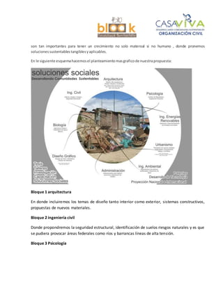 son tan importantes para tener un crecimiento no solo materoal si no humano , donde pronemos
solucionessustentablestangiblesyaplicables.
En le siguiente esquemahacemosel planteamientomasgraficode nuestrapropuesta:
Bloque 1 arquitectura
En donde incluiremos los temas de diseño tanto interior como exterior, sistemas constructivos,
propuestas de nuevos materiales.
Bloque 2 ingeniería civil
Donde propondremos la seguridad estructural, identificación de suelos riesgos naturales y es que
se pudiera provocar áreas federales como ríos y barrancas líneas de alta tensión.
Bloque 3 Psicología
 