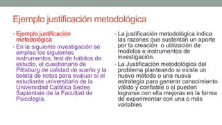 Ejemplo justificación metodológica
• Ejemplo justificación
metodológica
• En la siguiente investigación se
emplea los siguientes
instrumentos, test de hábitos de
estudio, el cuestionario de
Pittsburg de calidad de sueño y la
boleta de notas para evaluar si el
estudiante universitario de la
Universidad Católica Sedes
Sapientaie de la Facultad de
Psicología.
• La justificación metodológica indica
las razones que sustentan un aporte
por la creación o utilización de
modelos e instrumentos de
investigación.
• La Justificación metodológica del
problema planteando si existe un
nuevo método o una nueva
estrategia para generar conocimiento
válido y confiable o si pueden
lograrse con ella mejoras en la forma
de experimentar con una o más
variables
 
