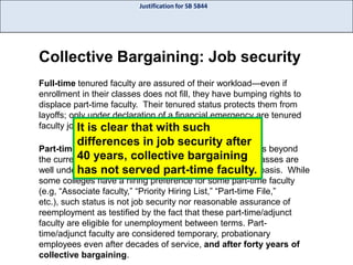 Justification for SB 5844

Collective Bargaining: Job security
Full-time tenured faculty are assured of their workload—even if
enrollment in their classes does not fill, they have bumping rights to
displace part-time faculty. Their tenured status protects them from
layoffs; only under declaration of a financial emergency are tenured
faculty jobs endangered.
It is clear that with such

differences in job security after
Part-time faculty, by contrast, are not assured of their jobs beyond
40 years, collective bargaining
the current term, are often not provided a contract until classes are
well underway, and are typically part-time faculty. basis. While
has not served hired on a term-by-term
some colleges have a hiring preference for some part-time faculty
(e.g, “Associate faculty,” “Priority Hiring List,” “Part-time File,”
etc.), such status is not job security nor reasonable assurance of
reemployment as testified by the fact that these part-time/adjunct
faculty are eligible for unemployment between terms. Parttime/adjunct faculty are considered temporary, probationary
employees even after decades of service, and after forty years of
collective bargaining.

 