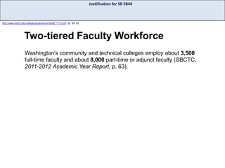 Justification for SB 5844

http://www.sbctc.edu/college/studentsvcs/5staff_1112.pdf, pp. 58, 63.

Two-tiered Faculty Workforce
Washington’s community and technical colleges employ about 3,500
full-time faculty and about 8,000 part-time or adjunct faculty (SBCTC,
2011-2012 Academic Year Report, p. 63).

 