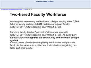 Justification for SB 5844

http://www.sbctc.edu/college/studentsvcs/5staff_1112.pdf, pp. 58, 63.

Two-tiered Faculty Workforce
Washington’s community and technical colleges employ about 3,500
full-time faculty and about 8,000 part-time or adjunct faculty
(SBCTC, 2011-2012 Academic Year Report, p. 63).
Part-time faculty teach 47 percent of all courses statewide
(SBCTC, 2011-2012 Academic Year Report, p. 58). As such, parttime faculty are integral to the community and technical college
system.
After 40 years of collective bargaining with full-time and part-time
faculty in the same unions, it is clear that collective bargaining has
failed part-time faculty.

 