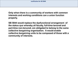 Justification for SB 5844

Only when there is a community of workers with common
interests and working conditions can a union function
properly.
SB 5844 would replace the dysfunctional arrangement of
the status quo whereby all faculty, full-time tenured and
part-time non-tenured, are obligated to belong to the same
collective bargaining organization. It would enable
collective bargaining units to be composed of those with a
community of interests.

 