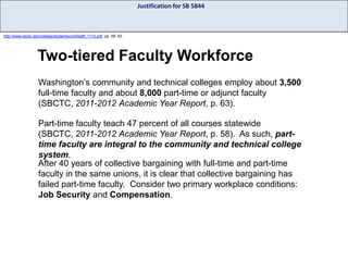 Justification for SB 5844

http://www.sbctc.edu/college/studentsvcs/5staff_1112.pdf, pp. 58, 63.

Two-tiered Faculty Workforce
Washington’s community and technical colleges employ about 3,500
full-time faculty and about 8,000 part-time or adjunct faculty
(SBCTC, 2011-2012 Academic Year Report, p. 63).
Part-time faculty teach 47 percent of all courses statewide
(SBCTC, 2011-2012 Academic Year Report, p. 58). As such, parttime faculty are integral to the community and technical college
system.
After 40 years of collective bargaining with full-time and part-time
faculty in the same unions, it is clear that collective bargaining has
failed part-time faculty. Consider two primary workplace conditions:
Job Security and Compensation.

 