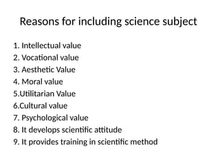 Justification of science for including science as a school subject in ...