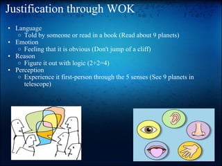 Justification through WOK Language Told by someone or read in a book (Read about 9 planets) Emotion Feeling that it is obvious (Don't jump of a cliff) Reason Figure it out with logic (2+2=4) Perception Experience it first-person through the 5 senses (See 9 planets in telescope) 