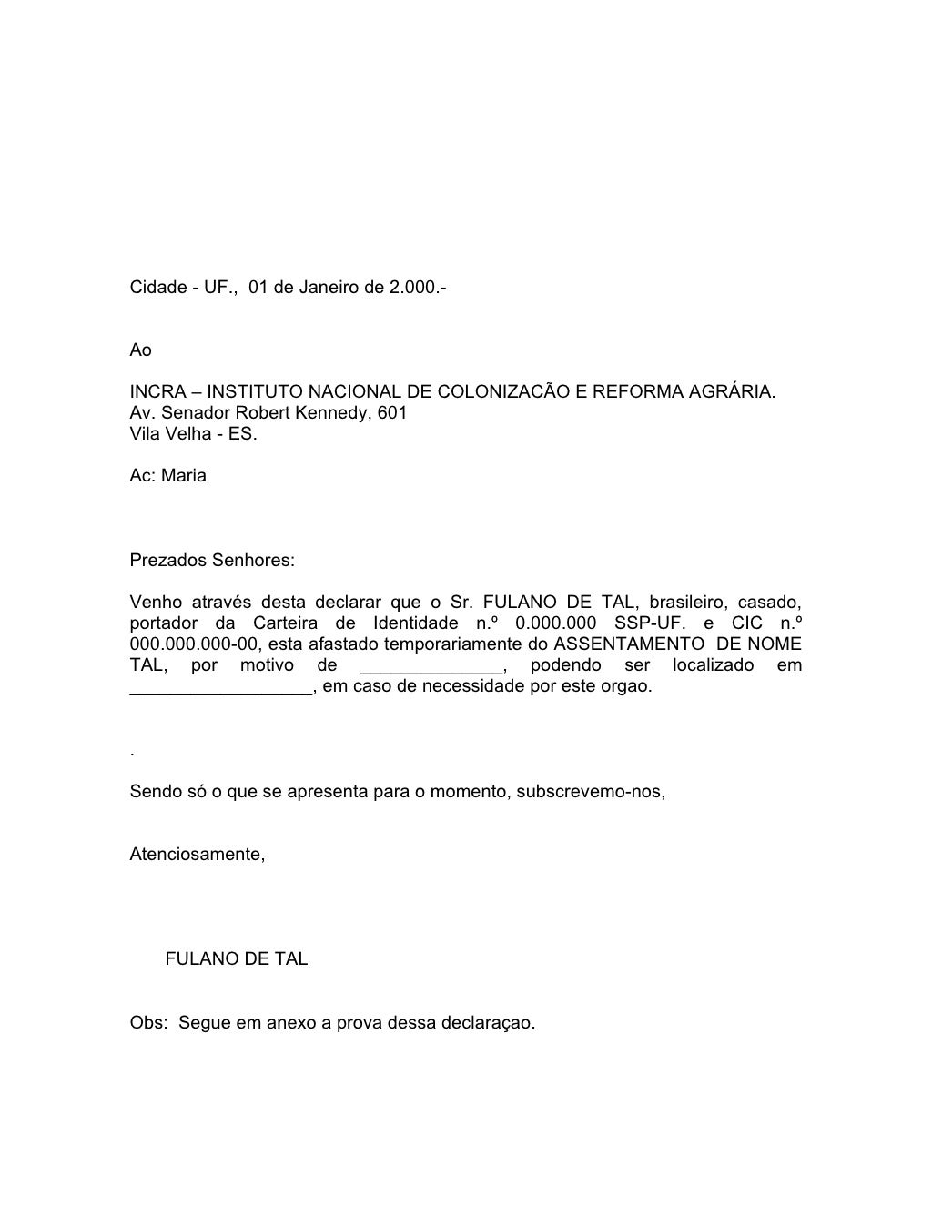 Justificativa de ausencia da propriedade ao incra