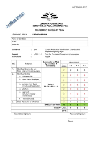 ACF.CW.LA5.S11.1
LEMBAGA PEPERIKSAAN
KEMENTERIAN PELAJARAN MALAYSIA
ASSESSMENT CHECKLIST FORM
LEARNING AREA : PROGRAMMING
Name of Candidate
IC No
Index No
Construct : S11 Current And Future Development Of The Latest
Programming Languages
Aspect : LA5.S11.1 Find Out The Latest Programming Languages
Instrument : Report
No. Criterion
Evidence(to be filled
by candidate if
necessary)
Assessment
Markah
Maksikum C1 C2 C3
1. Identify and name the two
latest programming languages
Refer to
RF.CW.LA5.S11.1
2 2 2 2
2. Identify and state
a. the developer
2 2 0 2
b. when it was developed 2 1 0 2
c. purpose (why it was
introduced) / application
2 0 0 2
d. platform 2 0 0 2
e. approach
(structured/object-
oriented/etc)
2 1 0 1
f. translator used 2 1 0 2
3. State the source of reference 2 1 0 0
MARKAH BAHARU 16 8 2 13
MARKAH LAMA 0 0 0
DATE
Candidate’s Signature
------------------------------
Assessor’s Signature
---------------------------------
Name :
 
