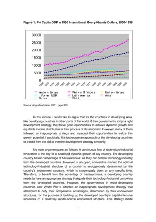 Figure 1: Per Capita GDP in 1990 International Geary-Khamis Dollars, 1950-1998



       30000
       90
       80
       25000
       70
       20000
       60
       15000
       50
       10000
       40
       30
        5000
       20 0
       10
               53

               56

               59

               62

               65

               68



               74



               80

               83

               86

               89



               95
               50




               71



               77




               92



               98
            19

            19

            19

            19

            19

            19

            19



            19



            19

            19

            19

            19



            19
            19



            19




            19



            19
         0 W er n Eur ope
            est           W er n O f shoot s
                           est    f          East er n Eur ope
           第一季度 第二季度 Amer i ca
             For m U
                  er SSR  Lat i n 第三季度 第四季度  Asi a
             Af r i ca                    W ld
                                           or

Source: Angus Maddison, 2001, page 330.



        In this lecture, I would like to argue that for the countries in developing Asia,
like developing countries in other parts of the world, if their governments adopt a right
development strategy, they have good opportunities to achieve dynamic growth and
equitable income distribution in their process of development. However, many of them
followed an inappropriate strategy and impeded their opportunities to realize this
growth potential. I would also like to propose an approach for the developing countries
to transit from the old to the new development strategy smoothly.

        My main arguments are as follows: A continuous flow of technology/industrial
innovation is the key to a sustained dynamic growth of any country. The developing
country has an “advantage of backwardness” as they can borrow technology/industry
from the developed countries. However, in an open, competitive market, the optimal
technology/industrial structure of a country is endogenously determined by the
country’s endowment structure, which is exogenously given at any specific time.
Therefore, to benefit from the advantage of backwardness, a developing country
needs to have an appropriate strategy that guide their technology/industrial borrowing
from the developed countries. However, the governments in most developing
countries after World War II adopted an inappropriate development strategy that
attempted to defy their comparative advantages, determined by their endowment
structures, for the purpose of building up the developed country’s capital-intensive
industries on a relatively capital-scarce endowment structure. This strategy made

                                             3
 
