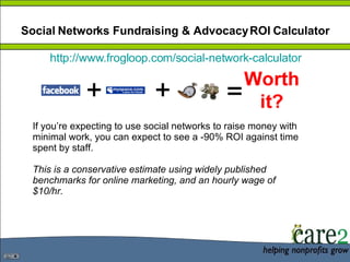 Social Networks Fundraising & Advocacy ROI Calculator http://www.frogloop.com/social-network-calculator If you’re expecting to use social networks to raise money with minimal work, you can expect to see a -90% ROI against time spent by staff.  This is a conservative estimate using widely published benchmarks for online marketing, and an hourly wage of $10/hr. 
