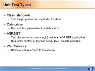 Unit Test Types Class (standard) Test the properties and methods of a class Data-driven Bind unit test parameters to a datasource ASP.NET Test classes (or business logic) inside an ASP.NET application  Run in the context of the web server (ASP objects available) Web Services Define a web reference to the service 