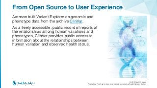 © 2018 Health Catalyst
Proprietary. Feel free to share but we would appreciate a Health Catalyst citation.
Aronson built Variant Explorer on genomic and
phenotype data from the archive ClinVar.
As a freely accessible, public record of reports of
the relationships among human variations and
phenotypes, ClinVar provides public access to
information about the relationships between
human variation and observed health status.
From Open Source to User Experience
 
