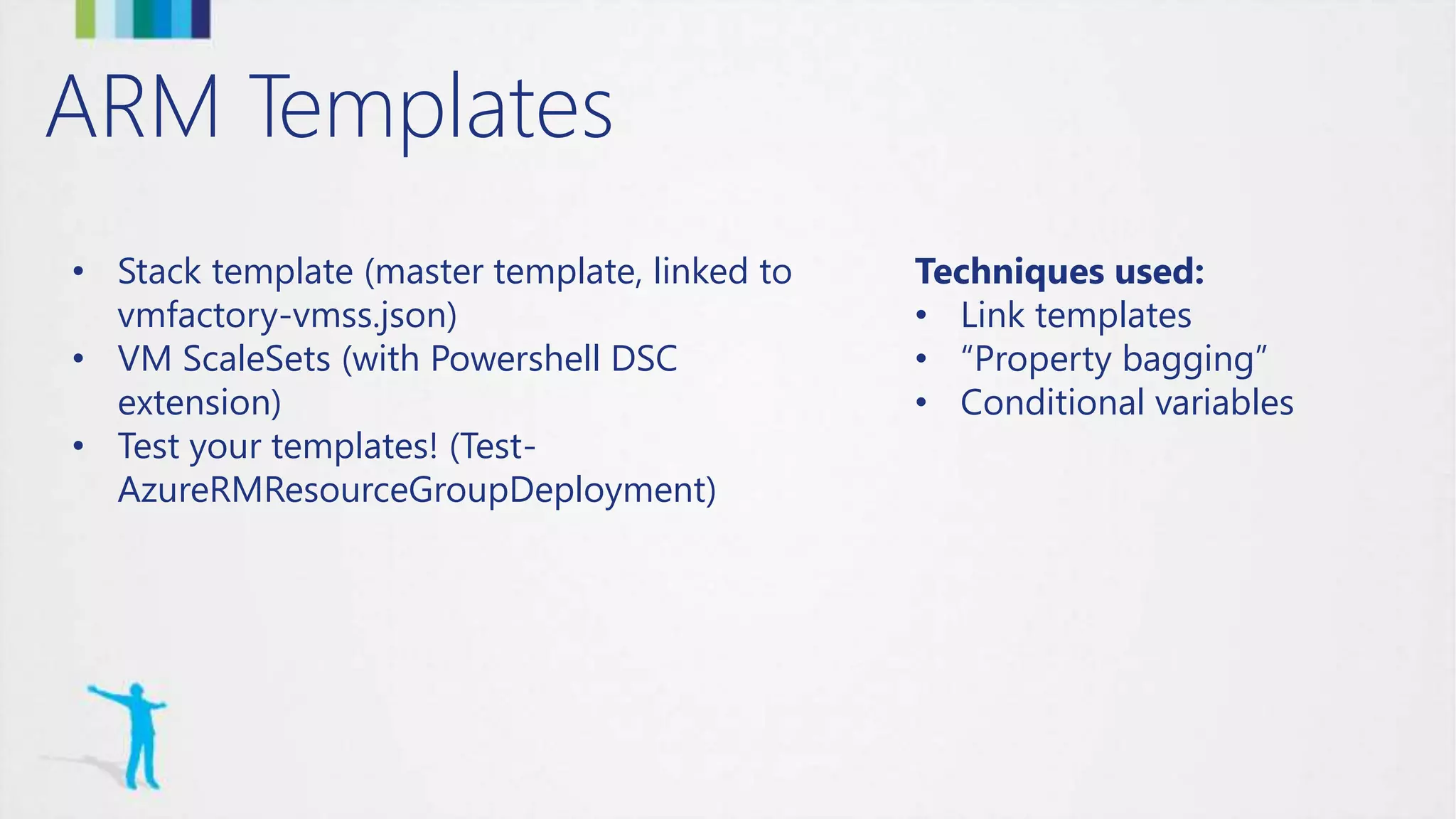 ARM Templates
• Stack template (master template, linked to
vmfactory-vmss.json)
• VM ScaleSets (with Powershell DSC
extension)
• Test your templates! (Test-
AzureRMResourceGroupDeployment)
Techniques used:
• Link templates
• “Property bagging”
• Conditional variables
 