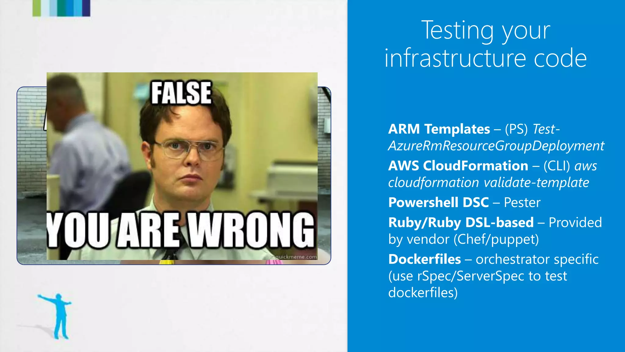 ARM Templates – (PS) Test-
AzureRmResourceGroupDeployment
AWS CloudFormation – (CLI) aws
cloudformation validate-template
Powershell DSC – Pester
Ruby/Ruby DSL-based – Provided
by vendor (Chef/puppet)
Dockerfiles – orchestrator specific
(use rSpec/ServerSpec to test
dockerfiles)
Testing your
infrastructure code
 