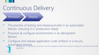Continuous Delivery
Provision Deploy
• The practice of testing and releasing builds in an automated
fashion, ensuring it is ”production-ready”
• Provision & configure environments in an idempotent
fashion
• Configure and release application code artifacts in a secure,
automated mannerIdempotence - is the property of certain, that can be applied multiple times without changing the result beyond the initial
application
 