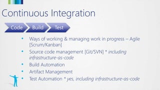Continuous Integration
Code Build Test
• Ways of working & managing work in progress – Agile
[Scrum/Kanban]
• Source code management [Git/SVN] * including
infrastructure-as-code
• Build Automation
• Artifact Management
• Test Automation * yes, including infrastructure-as-code
 