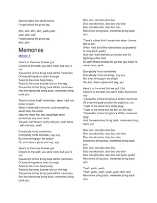 Wanna make the world dance
Forget about the price tag
Ahh, ahh, ahh, ahh, yeah yeah
Ooh, ooh, ooh
Forget about the price tag
Ahh, ahh
Memories
Maroon 5
Here's to the ones that we got
Cheers to the wish you were here, but you're
not
'Cause the drinks bring back all the memories
Of everything we've been through
Toast to the ones here today
Toast to the ones that we lost on the way
'Cause the drinks bring back all the memories
And the memories bring back, memories bring
back you
There's a time that I remember, when I did not
know no pain
When I believed in forever, and everything
would stay the same
Now my heart feel like December when
somebody say your name
'Cause I can't reach out to call you, but I know
I will one day, yeah
Everybody hurts sometimes
Everybody hurts someday, ayy ayy
But everything gon' be alright
Go and raise a glass and say, ayy
Here's to the ones that we got
Cheers to the wish you were here, but you're
not
'Cause the drinks bring back all the memories
Of everything we've been through
Toast to the ones here today
Toast to the ones that we lost on the way
'Cause the drinks bring back all the memories
And the memories bring back, memories bring
back you
Doo doo, doo doo doo doo
Doo doo doo doo, doo doo doo doo
Doo doo doo doo, doo doo doo
Memories bring back, memories bring back
you
There's a time that I remember when I never
felt so lost
When I felt all of the hatred was too powerful
to stop (ooh, yeah)
Now my heart feel like an ember and it's
lighting up the dark
I'll carry these torches for ya that you know I'll
never drop, yeah
Everybody hurts sometimes
Everybody hurts someday, ayy ayy
But everything gon' be alright
Go and raise a glass and say, ayy
Here's to the ones that we got (oh)
Cheers to the wish you were here, but you're
not
'Cause the drinks bring back all the memories
Of everything we've been through (no, no)
Toast to the ones here today (ayy)
Toast to the ones that we lost on the way
'Cause the drinks bring back all the memories
(ayy)
And the memories bring back, memories bring
back you
Doo doo, doo doo doo doo
Doo doo doo doo, doo doo doo doo
Doo doo doo doo, doo doo doo
Memories bring back, memories bring back
you
Doo doo, doo doo doo doo
Doo doo doo doo, doo doo doo doo
Doo doo doo doo, doo doo doo (ooh, yeah)
Memories bring back, memories bring back
you
Yeah, yeah, yeah
Yeah, yeah, yeah, yeah, yeah, doh, doh
Memories bring back, memories bring back
you
 