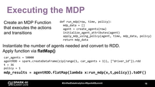 Executing the MDP
16#UnifiedDataAnalytics #SparkAISummit
Create an MDP Function
that executes the actions
and transitions
...