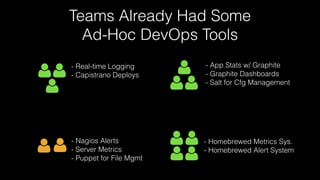Teams Already Had Some
Ad-Hoc DevOps Tools
- Real-time Logging
- Capistrano Deploys
- Nagios Alerts
- Server Metrics
- Puppet for File Mgmt
- App Stats w/ Graphite
- Graphite Dashboards
- Salt for Cfg Management
- Homebrewed Metrics Sys.
- Homebrewed Alert System
 