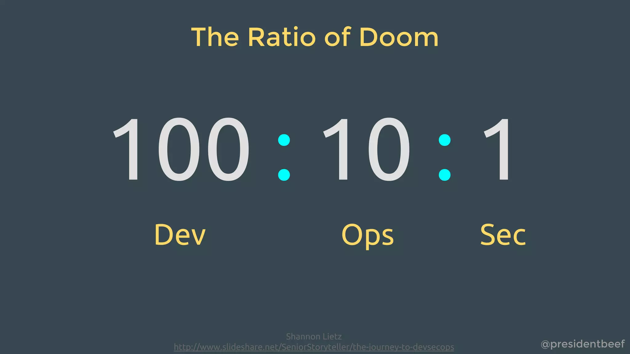 @presidentbeef
The Ratio of Doom
100 : 10 : 1
Dev Ops Sec
Shannon Lietz
http://www.slideshare.net/SeniorStoryteller/the-journey-to-devsecops
 