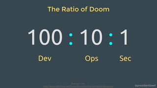 @presidentbeef
The Ratio of Doom
100 : 10 : 1
Dev Ops Sec
Shannon Lietz
http://www.slideshare.net/SeniorStoryteller/the-journey-to-devsecops
 