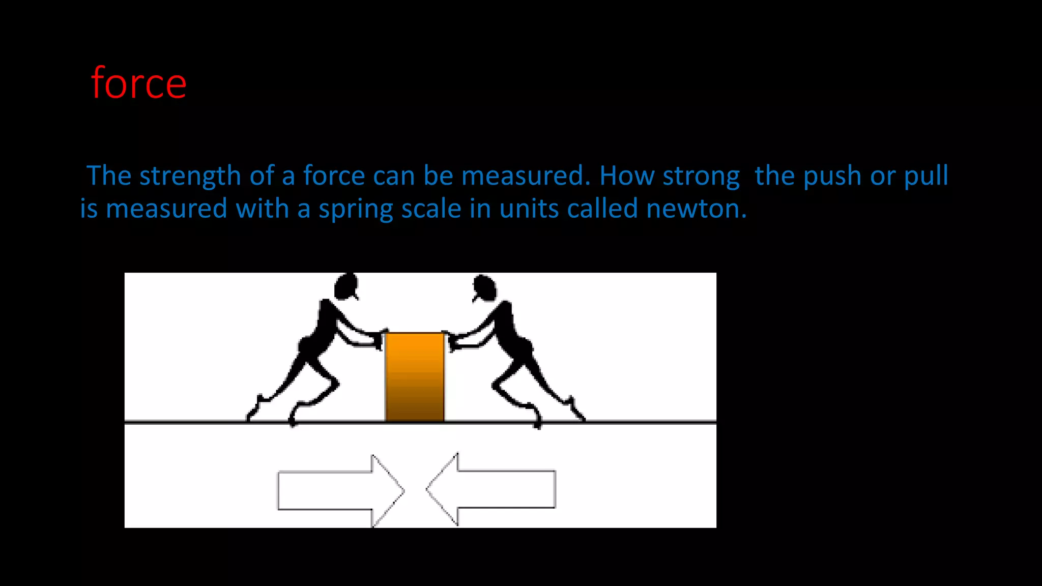 force 
The strength of a force can be measured. How strong the push or pull 
is measured with a spring scale in units called newton. 
 