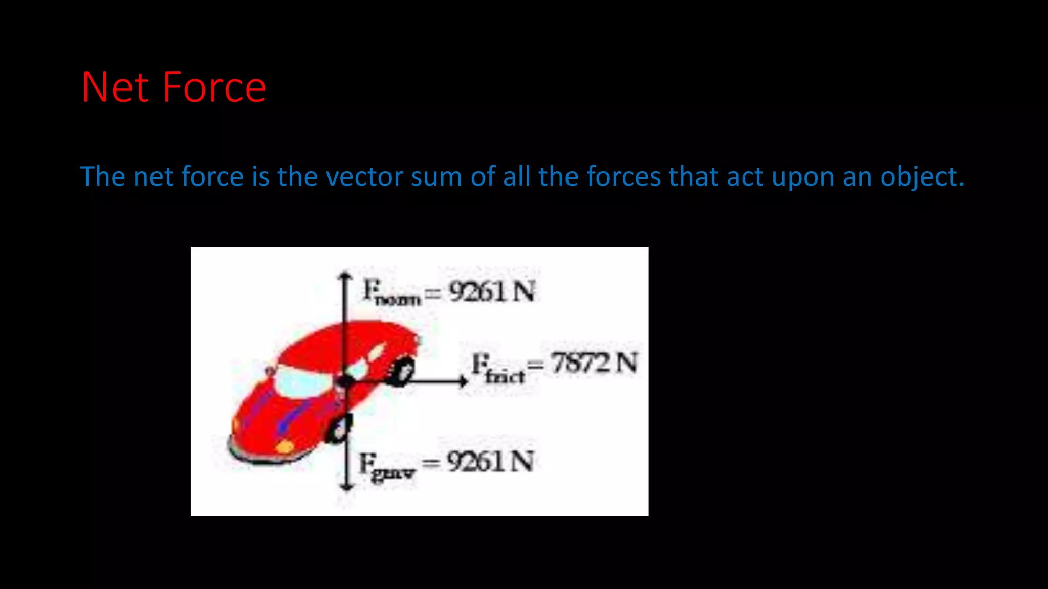 Net Force 
The net force is the vector sum of all the forces that act upon an object. 
 
