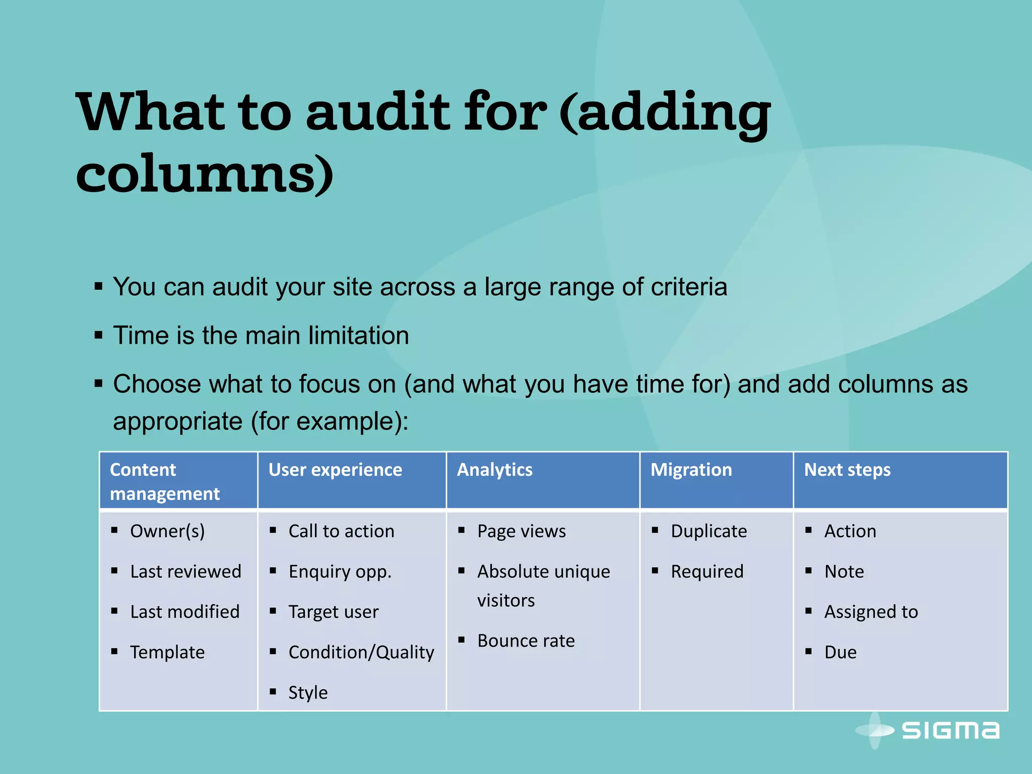 You can audit your site across a large range of criteria
 Time is the main limitation
 Choose what to focus on (and what you have time for) and add columns as
appropriate (for example):
Content
management
User experience Analytics Migration Next steps
 Owner(s)
 Last reviewed
 Last modified
 Template
 Call to action
 Enquiry opp.
 Target user
 Condition/Quality
 Style
 Page views
 Absolute unique
visitors
 Bounce rate
 Duplicate
 Required
 Action
 Note
 Assigned to
 Due
 