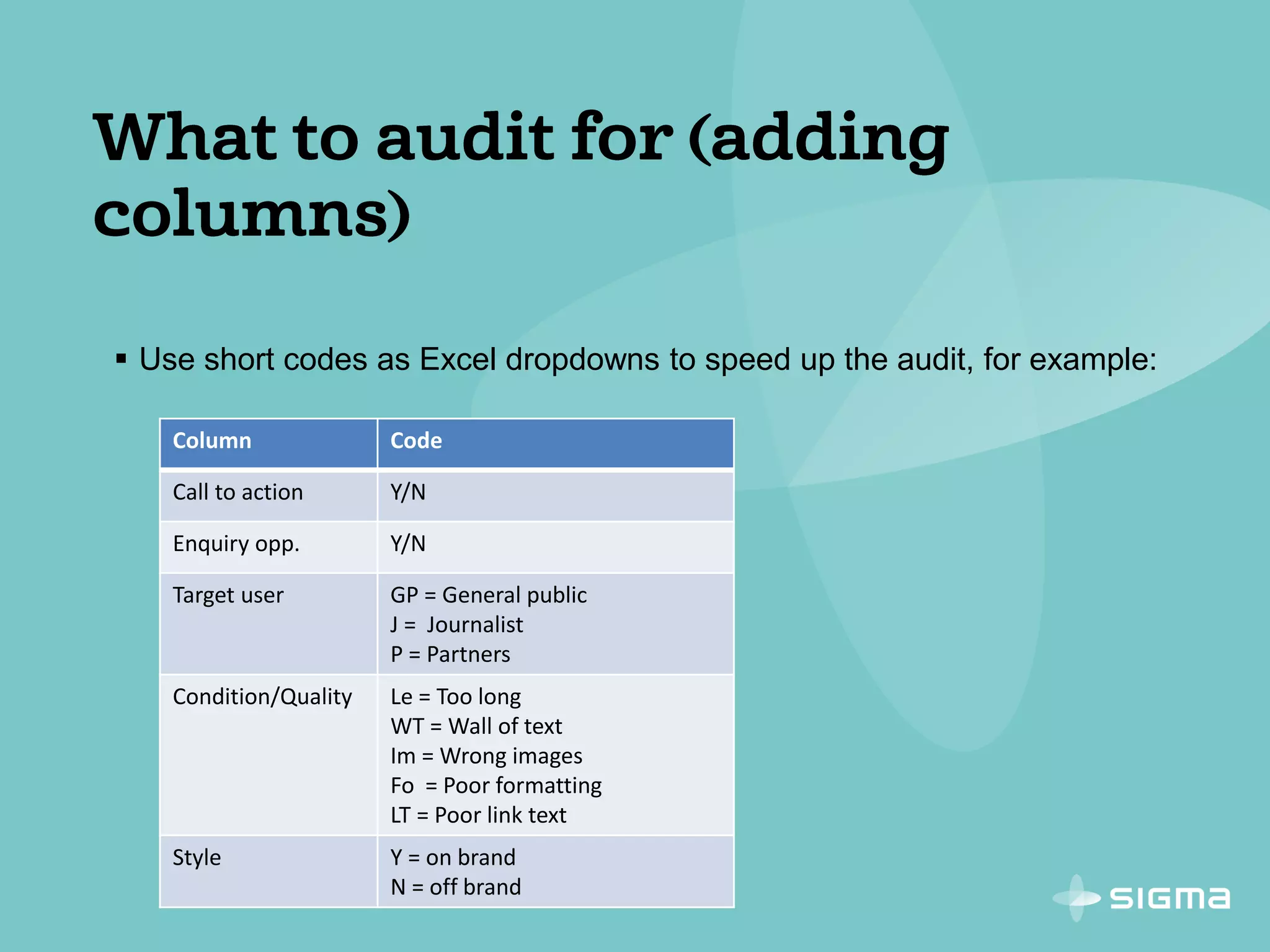  Use short codes as Excel dropdowns to speed up the audit, for example:
Column Code
Call to action Y/N
Enquiry opp. Y/N
Target user GP = General public
J = Journalist
P = Partners
Condition/Quality Le = Too long
WT = Wall of text
Im = Wrong images
Fo = Poor formatting
LT = Poor link text
Style Y = on brand
N = off brand
 