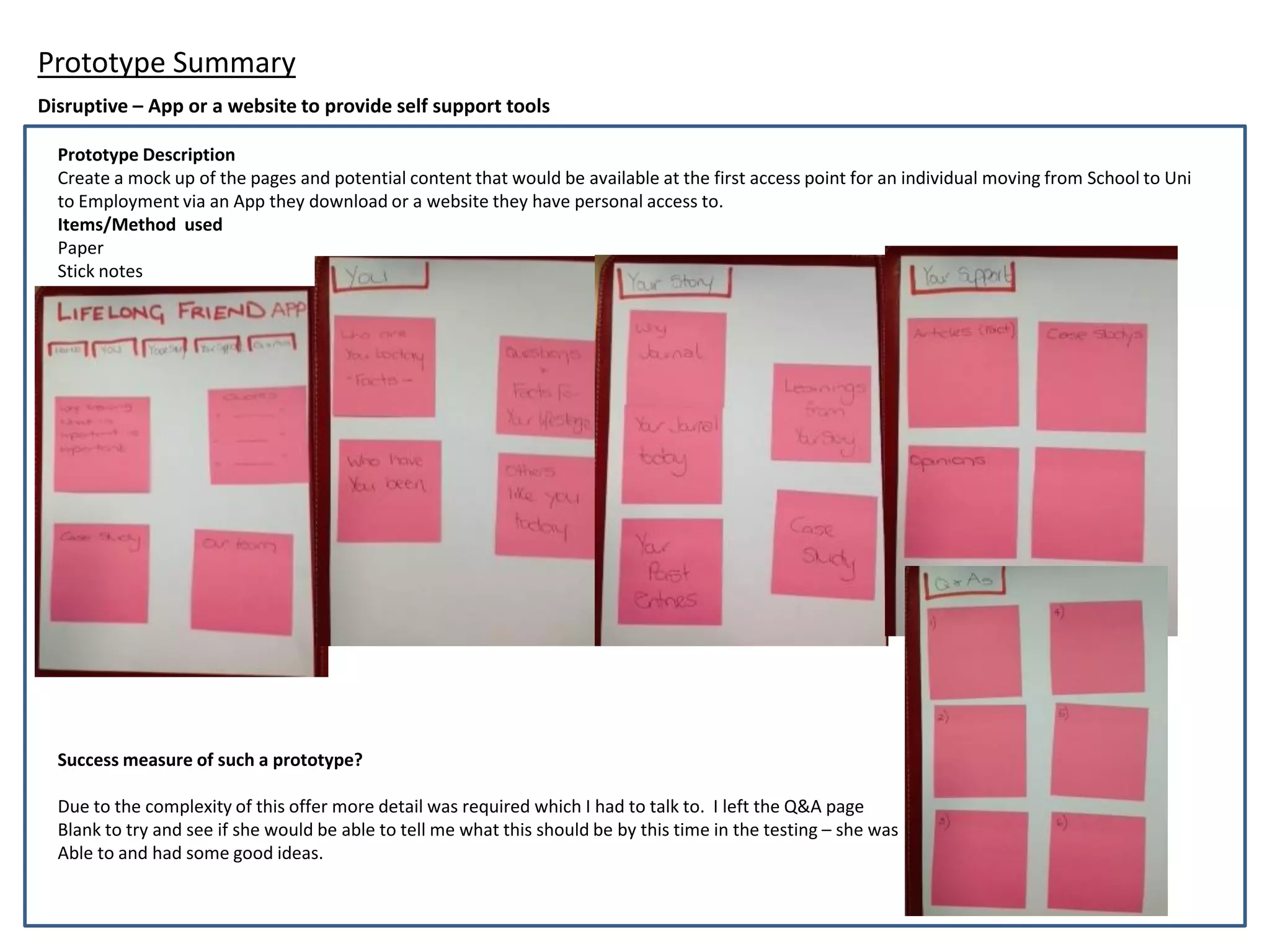 Prototype Summary
Disruptive – App or a website to provide self support tools
Prototype Description
Create a mock up of the pages and potential content that would be available at the first access point for an individual moving from School to Uni
to Employment via an App they download or a website they have personal access to.
Items/Method used
Paper
Stick notes
Success measure of such a prototype?
Due to the complexity of this offer more detail was required which I had to talk to. I left the Q&A page
Blank to try and see if she would be able to tell me what this should be by this time in the testing – she was
Able to and had some good ideas.
 