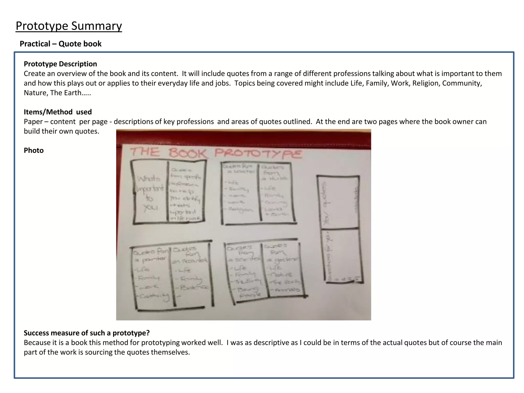 Prototype Summary
Practical – Quote book
Prototype Description
Create an overview of the book and its content. It will include quotes from a range of different professions talking about what is important to them
and how this plays out or applies to their everyday life and jobs. Topics being covered might include Life, Family, Work, Religion, Community,
Nature, The Earth…..
Items/Method used
Paper – content per page - descriptions of key professions and areas of quotes outlined. At the end are two pages where the book owner can
build their own quotes.
Photo
Success measure of such a prototype?
Because it is a book this method for prototyping worked well. I was as descriptive as I could be in terms of the actual quotes but of course the main
part of the work is sourcing the quotes themselves.
 