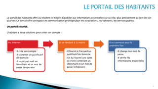 Le portail des habitants offre au résident le moyen d’accéder aux informations essentielles sur sa ville, plus précisément au sein de son
quartier. Ce portail offre un espace de communication privilégié pour les associations, les habitants, les services publics.
Un portail sécurisé.
L’habitant a deux solutions pour créer son compte :
19
Via Internet
•Il crée son compte
•Il transmet un justificatif
de domicile
•Il reçoit par mail un
identifiant et un mot de
passe temporaire
En se rendant à la mairie
•Il fournit à l’accueil un
justificatif de domicile
•On lui fournit une carte
de visite contenant un
identifiant et un mot de
passe temporaire
Il se connecte pour la
première fois
•Il change son mot de
passe
•Il vérifie les
informations disponibles
 