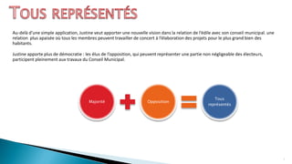 Au-delà d’une simple application, Justine veut apporter une nouvelle vision dans la relation de l’édile avec son conseil municipal. une
relation plus apaisée où tous les membres peuvent travailler de concert à l’élaboration des projets pour le plus grand bien des
habitants.
Justine apporte plus de démocratie : les élus de l’opposition, qui peuvent représenter une partie non négligeable des électeurs,
participent pleinement aux travaux du Conseil Municipal.
3
Majorité Opposition
Tous
représentés
 